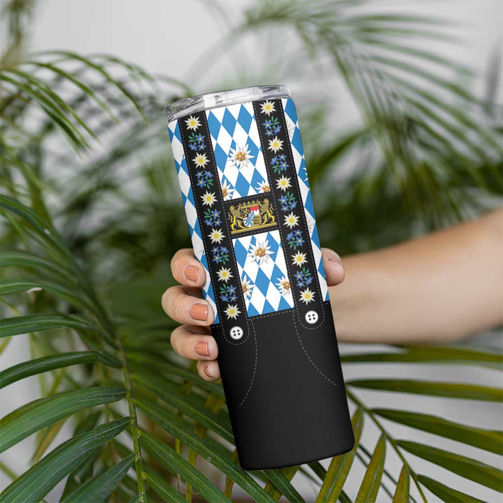 Traditional Bavarian Costume - Lederhosen Skinny Tumbler Bavaria Emblem - Blue Plaid Pattern with Edelweiss Flowers - Wonder Print Shop