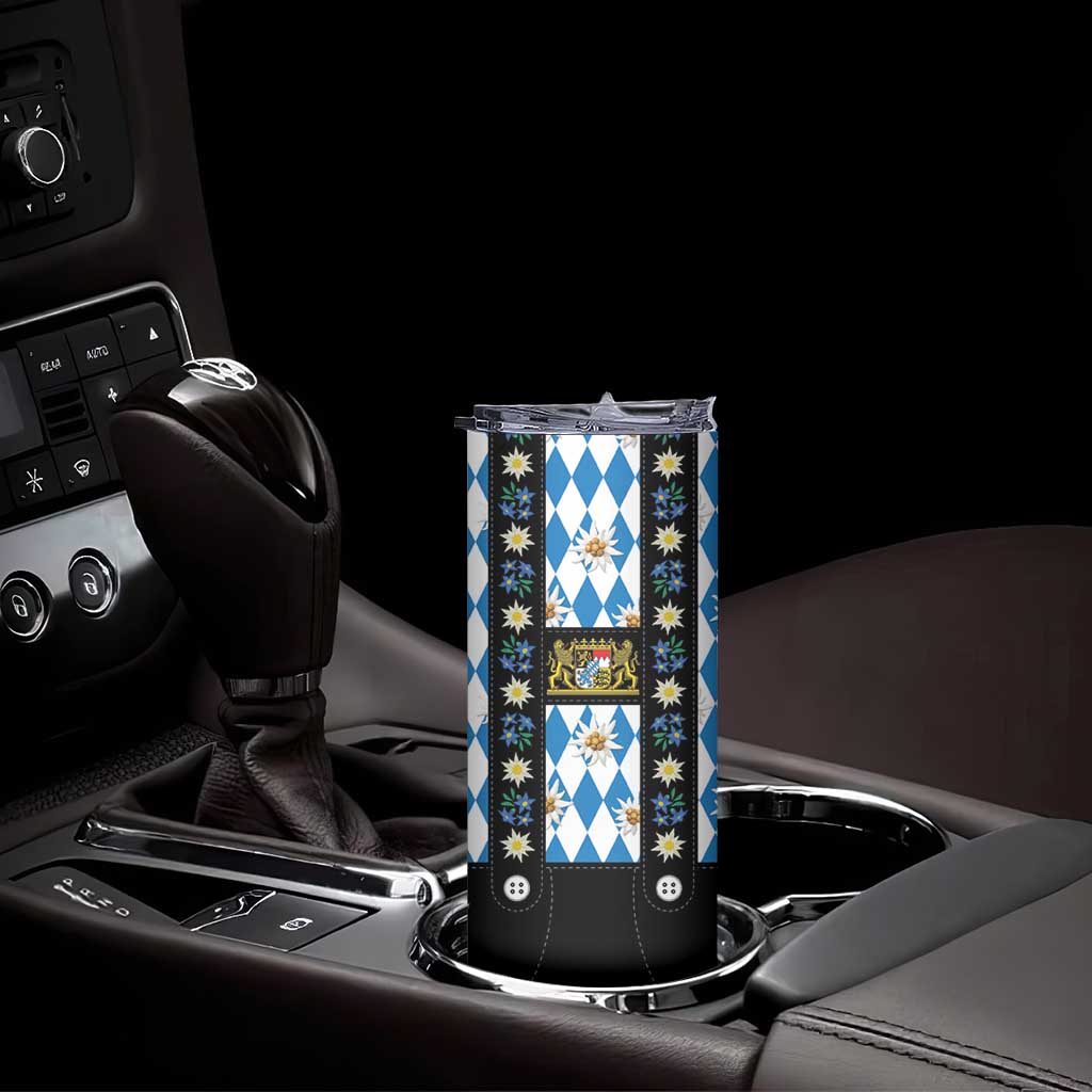 Traditional Bavarian Costume - Lederhosen Skinny Tumbler Bavaria Emblem - Blue Plaid Pattern with Edelweiss Flowers - Wonder Print Shop