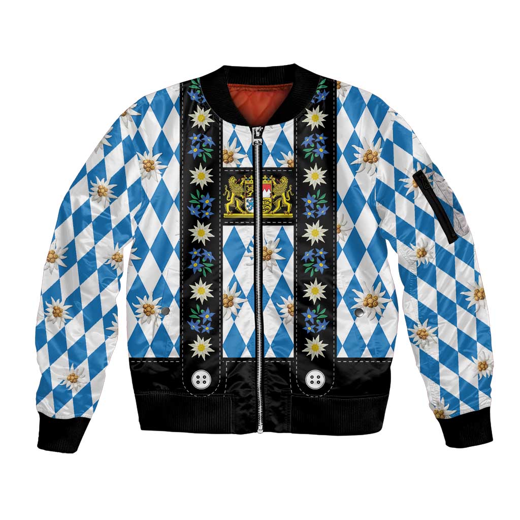 Bavaria Traditional Lederhosen Costume Sleeve Zip Bomber Jacket Bavaria Emblem - Blue Plaid Pattern with Edelweiss Flowers - Wonder Print Shop