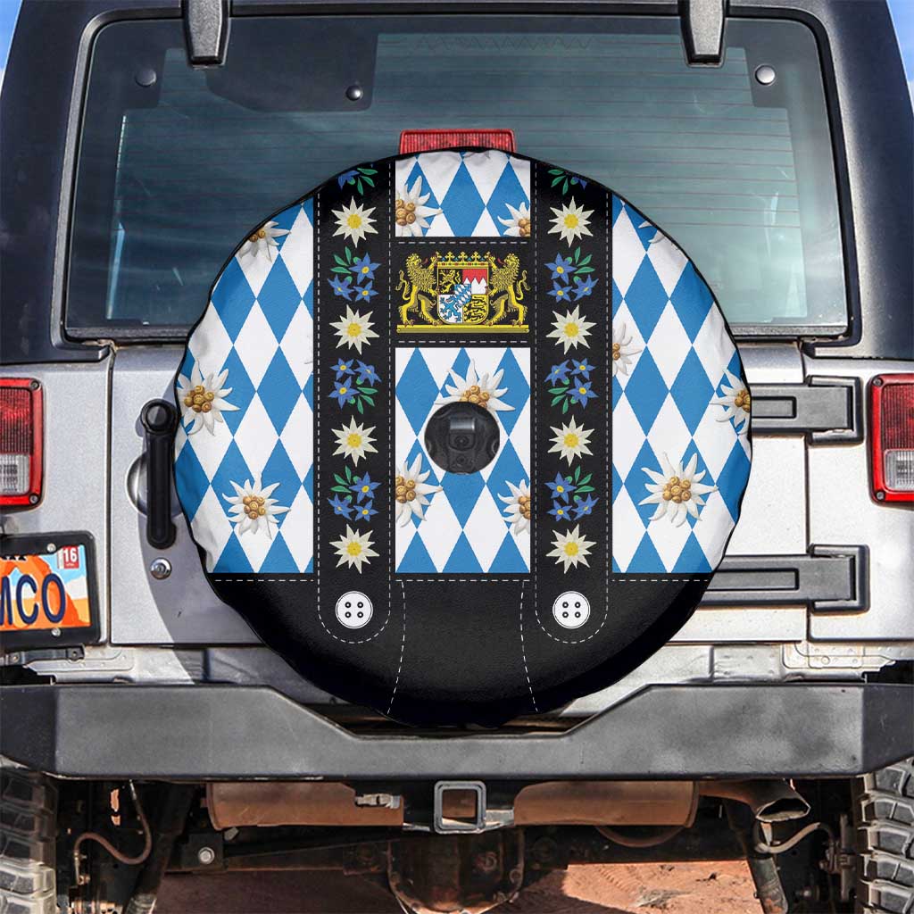 Bavaria Traditional Lederhosen Costume Spare Tire Cover Bavaria Emblem - Blue Plaid Pattern with Edelweiss Flowers - Wonder Print Shop