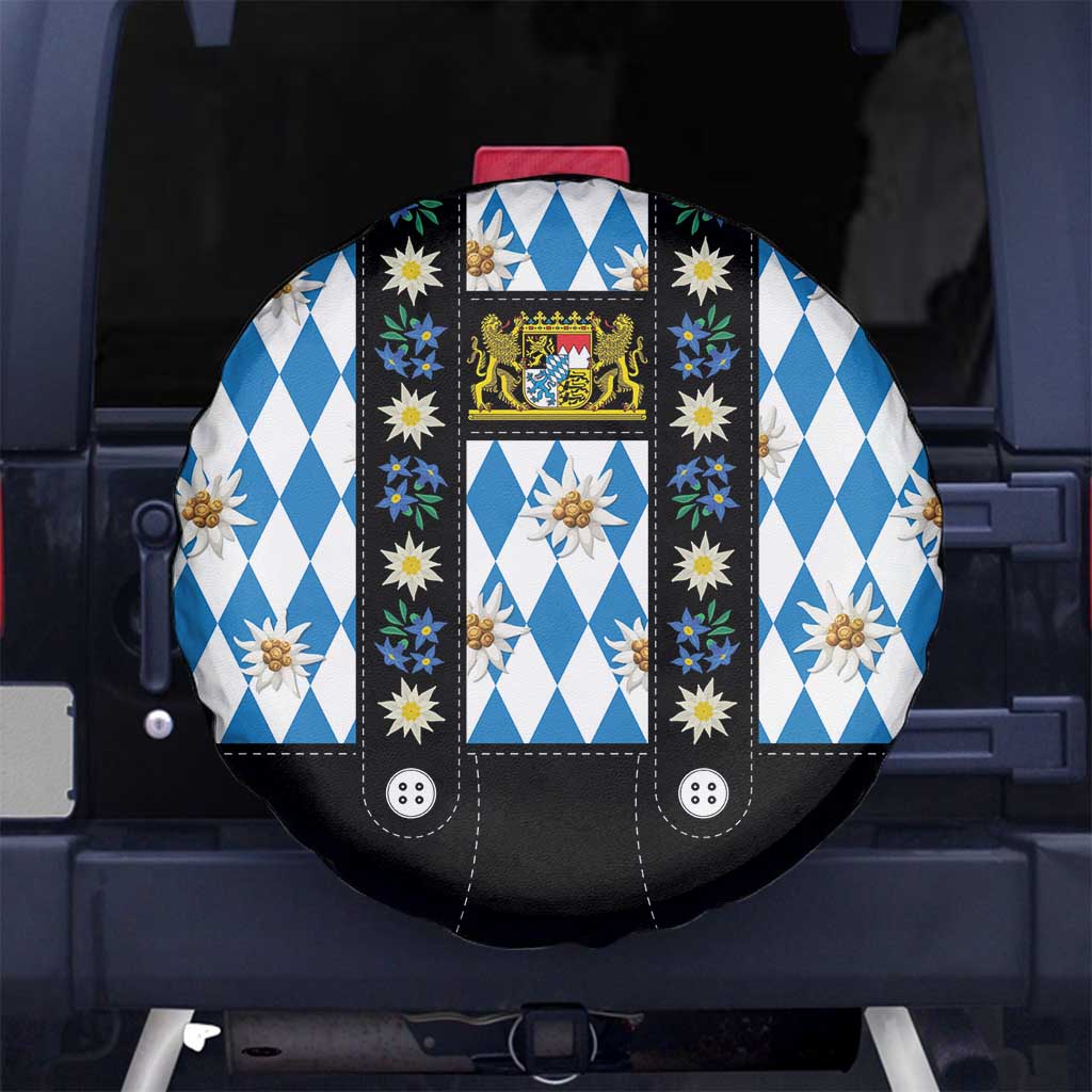 Bavaria Traditional Lederhosen Costume Spare Tire Cover Bavaria Emblem - Blue Plaid Pattern with Edelweiss Flowers - Wonder Print Shop