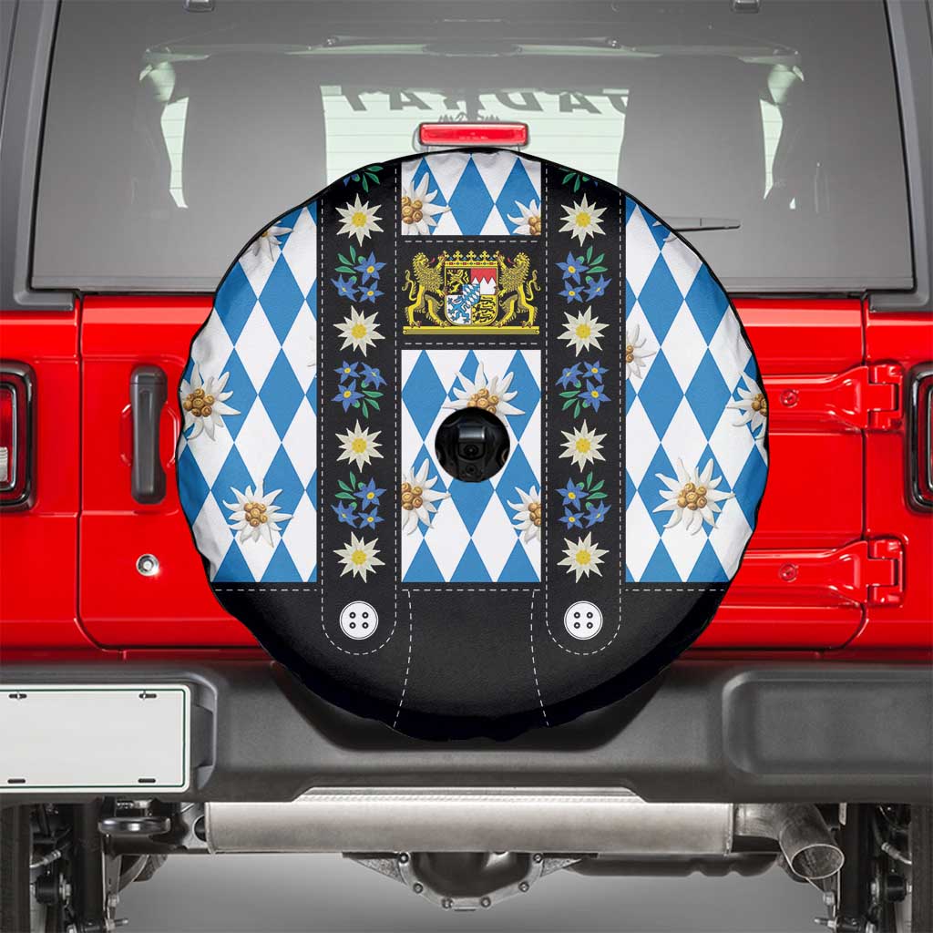Bavaria Traditional Lederhosen Costume Spare Tire Cover Bavaria Emblem - Blue Plaid Pattern with Edelweiss Flowers - Wonder Print Shop
