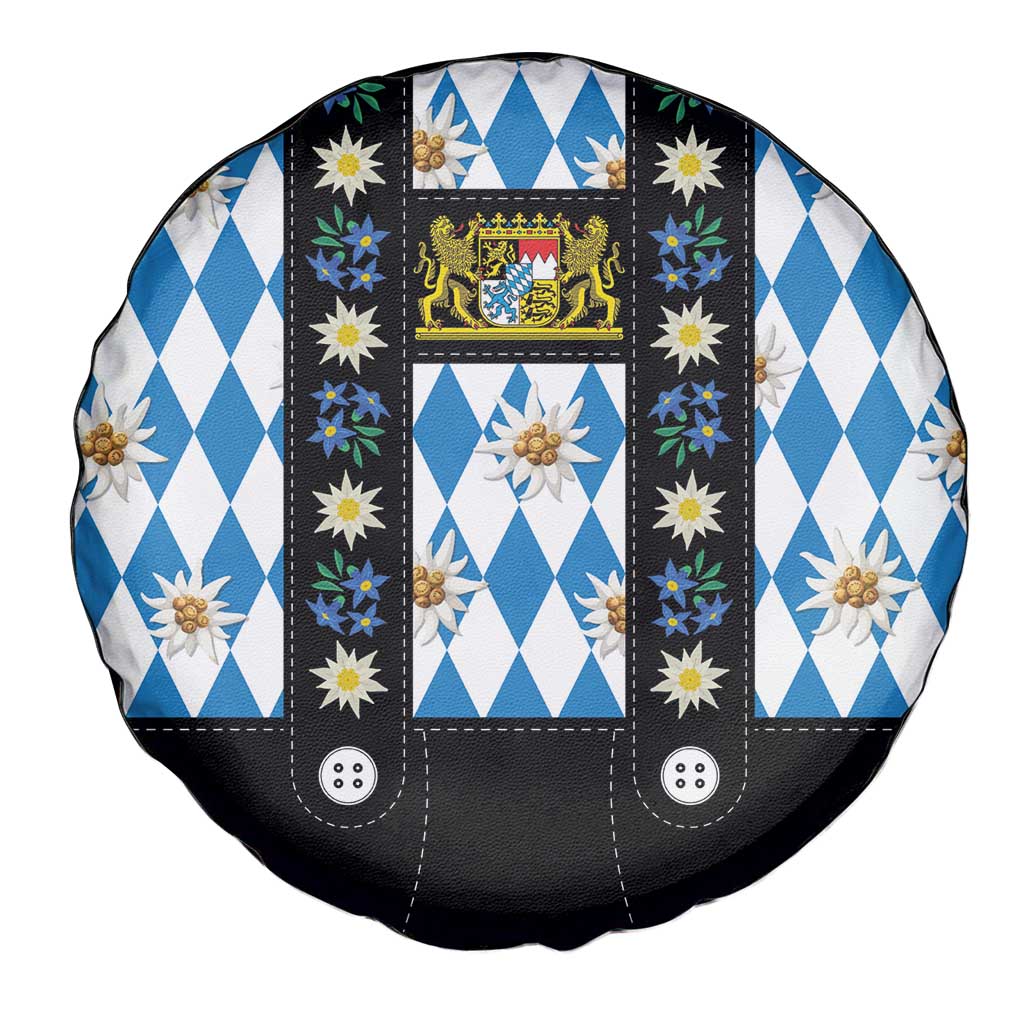 Bavaria Traditional Lederhosen Costume Spare Tire Cover Bavaria Emblem - Blue Plaid Pattern with Edelweiss Flowers - Wonder Print Shop