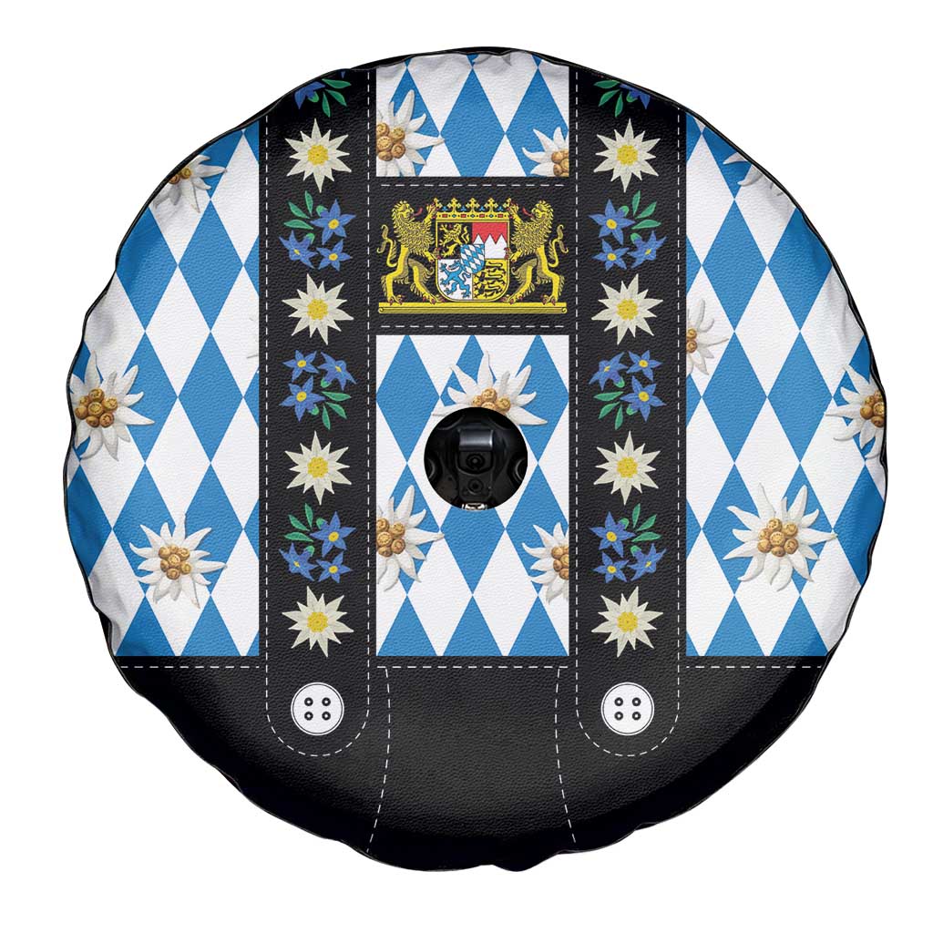 Bavaria Traditional Lederhosen Costume Spare Tire Cover Bavaria Emblem - Blue Plaid Pattern with Edelweiss Flowers - Wonder Print Shop