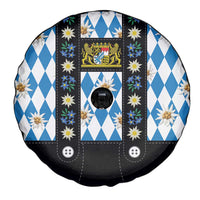 Bavaria Traditional Lederhosen Costume Spare Tire Cover Bavaria Emblem - Blue Plaid Pattern with Edelweiss Flowers - Wonder Print Shop