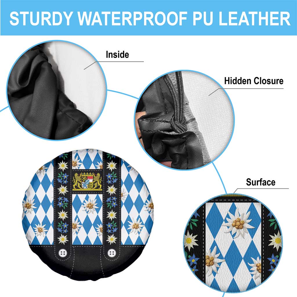 Bavaria Traditional Lederhosen Costume Spare Tire Cover Bavaria Emblem - Blue Plaid Pattern with Edelweiss Flowers - Wonder Print Shop