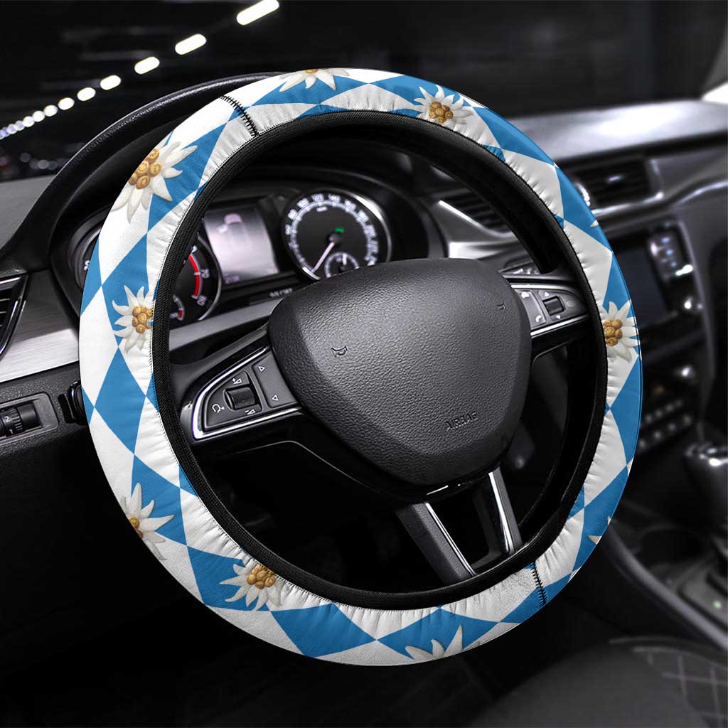 Bavaria Traditional Lederhosen Costume Steering Wheel Cover Bavaria Emblem - Blue Plaid Pattern with Edelweiss Flowers - Wonder Print Shop