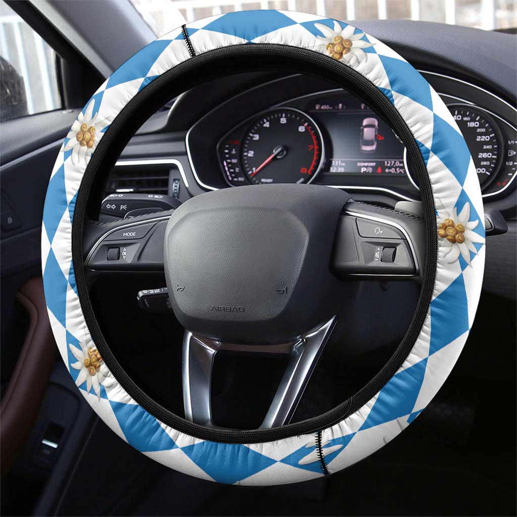 Bavaria Traditional Lederhosen Costume Steering Wheel Cover Bavaria Emblem - Blue Plaid Pattern with Edelweiss Flowers - Wonder Print Shop