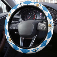 Bavaria Traditional Lederhosen Costume Steering Wheel Cover Bavaria Emblem - Blue Plaid Pattern with Edelweiss Flowers - Wonder Print Shop
