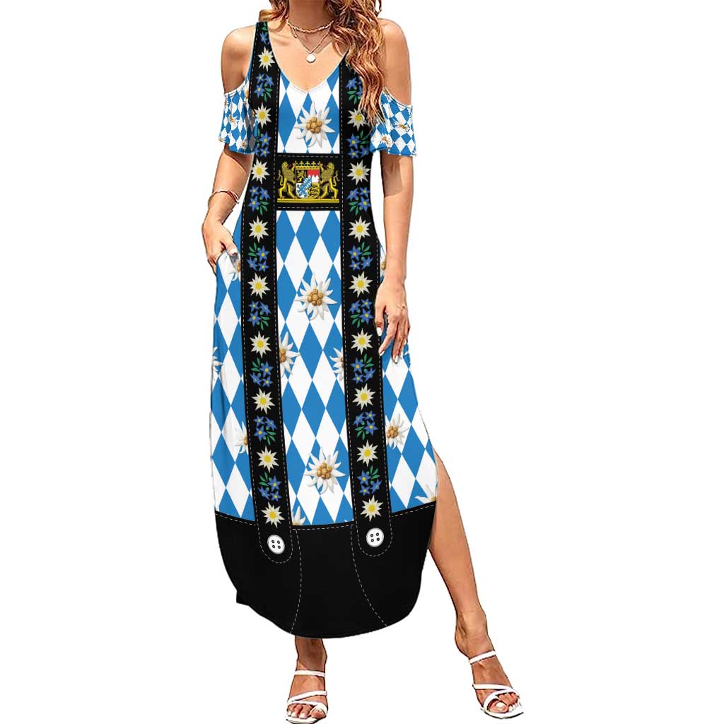 Bavaria Traditional Lederhosen Costume Summer Maxi Dress Bavaria Emblem - Blue Plaid Pattern with Edelweiss Flowers - Wonder Print Shop