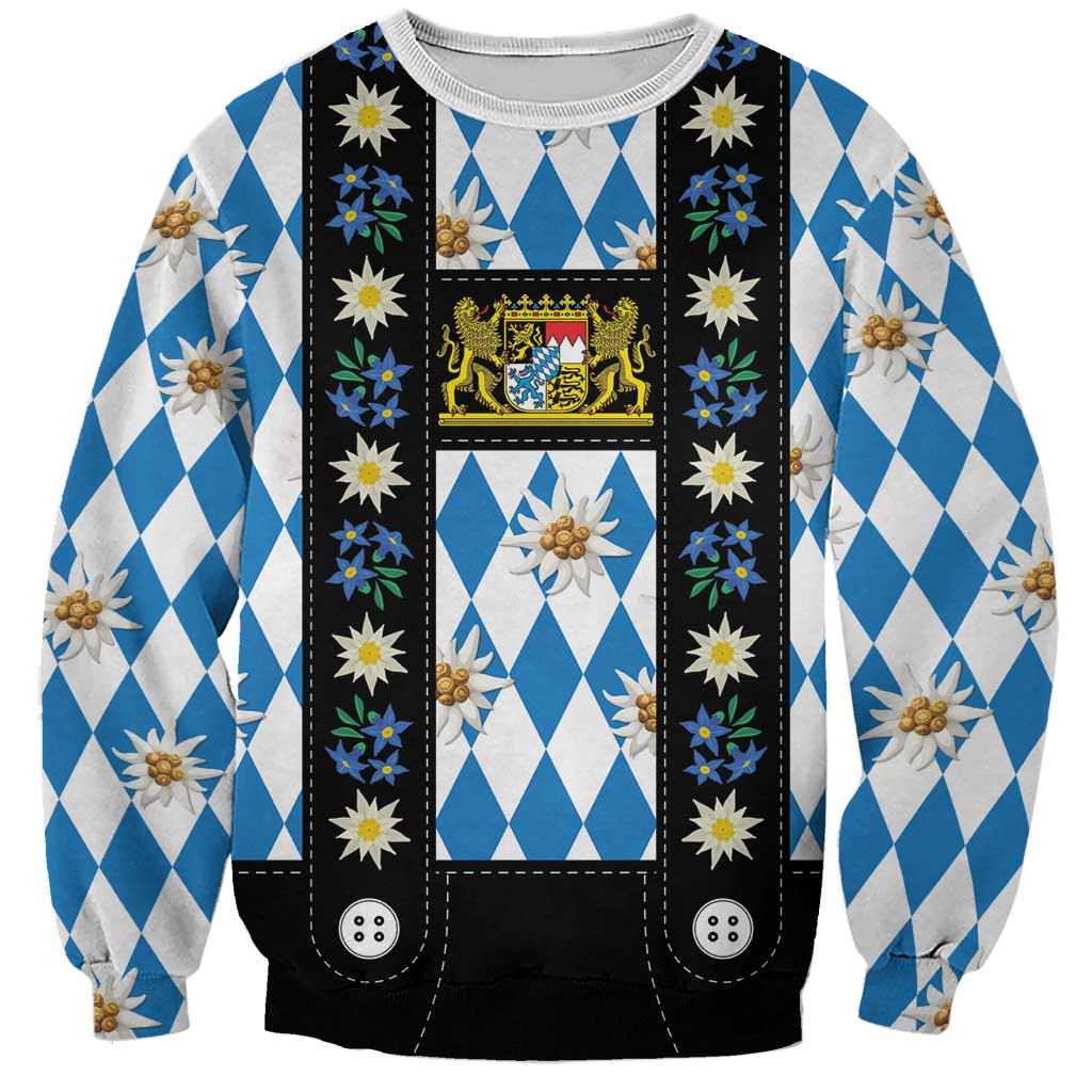 Bavaria Traditional Lederhosen Costume Sweatshirt Bavaria Emblem - Blue Plaid Pattern with Edelweiss Flowers - Wonder Print Shop