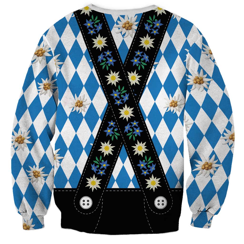 Bavaria Traditional Lederhosen Costume Sweatshirt Bavaria Emblem - Blue Plaid Pattern with Edelweiss Flowers - Wonder Print Shop