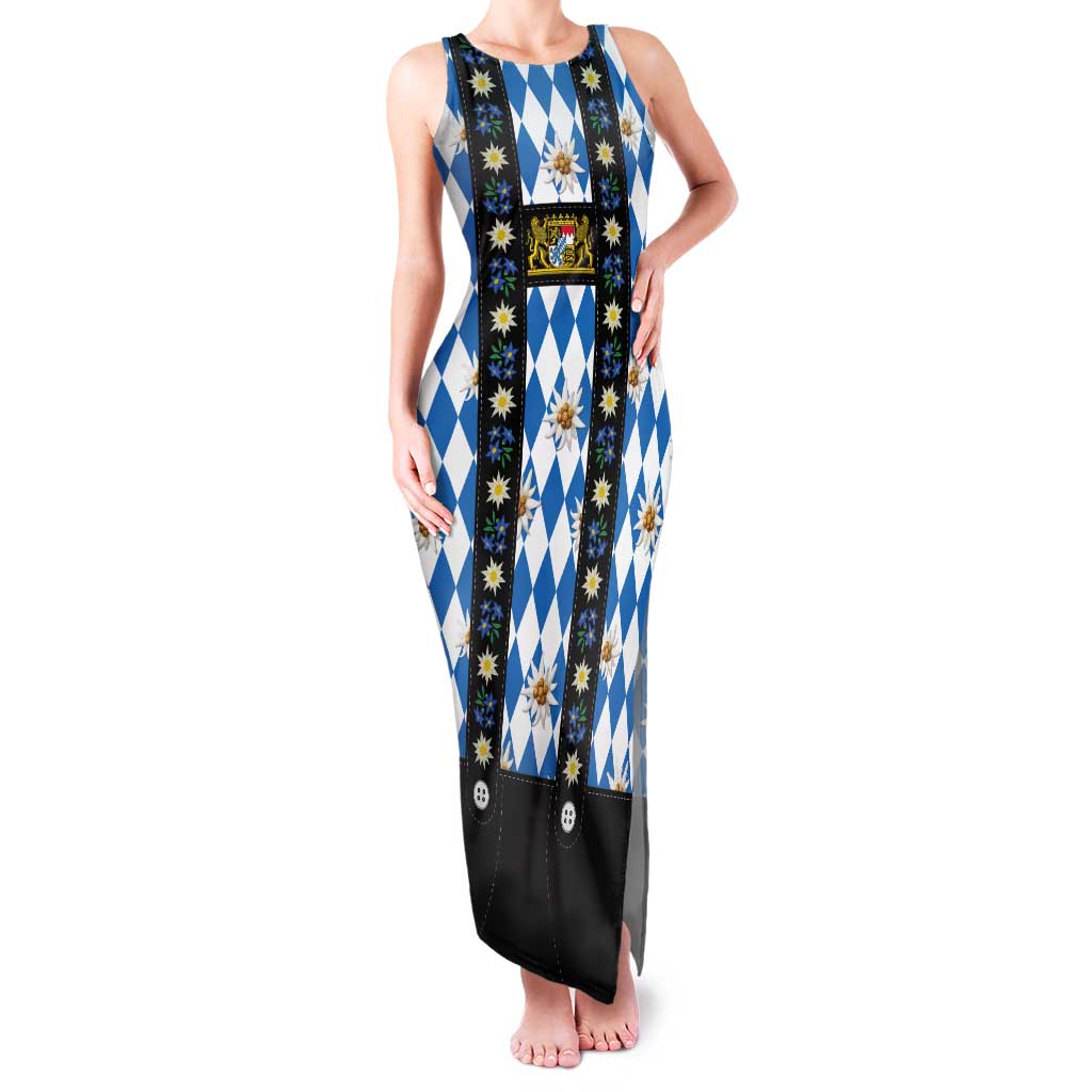 Bavaria Traditional Lederhosen Costume Tank Maxi Dress Bavaria Emblem - Blue Plaid Pattern with Edelweiss Flowers - Wonder Print Shop