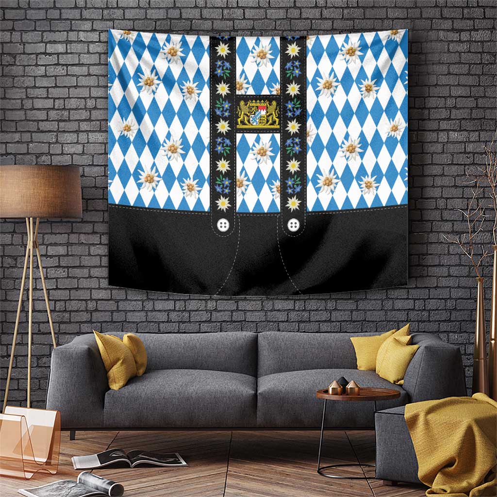Bavaria Traditional Lederhosen Costume Tapestry Bavaria Emblem - Blue Plaid Pattern with Edelweiss Flowers - Wonder Print Shop