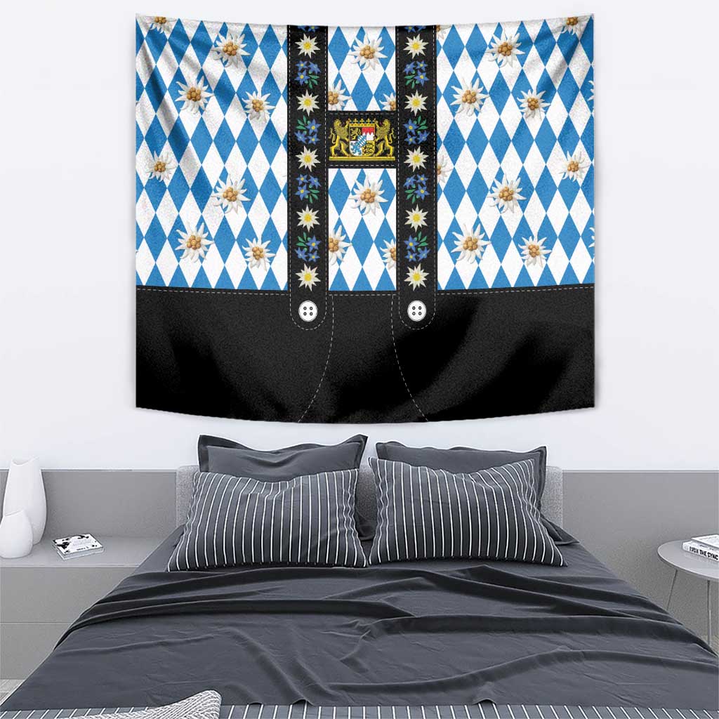 Bavaria Traditional Lederhosen Costume Tapestry Bavaria Emblem - Blue Plaid Pattern with Edelweiss Flowers - Wonder Print Shop