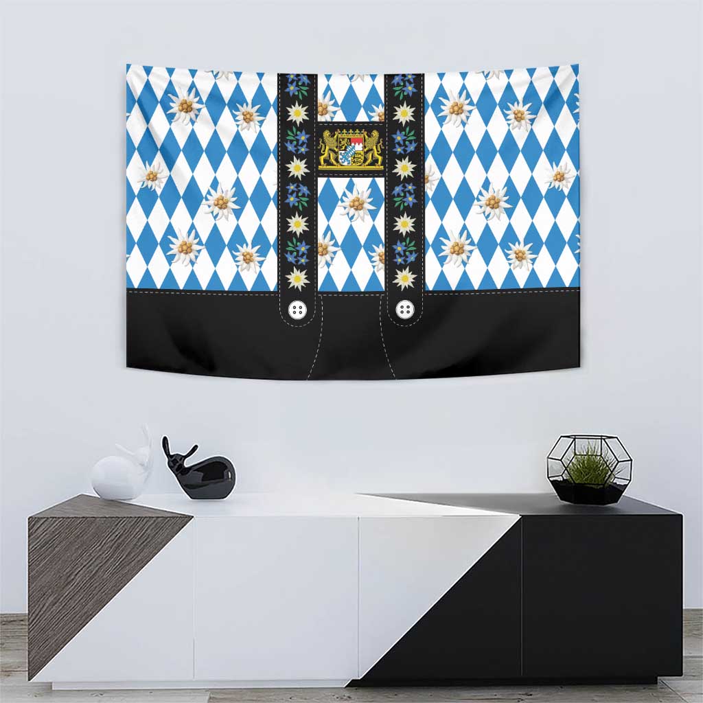 Bavaria Traditional Lederhosen Costume Tapestry Bavaria Emblem - Blue Plaid Pattern with Edelweiss Flowers - Wonder Print Shop