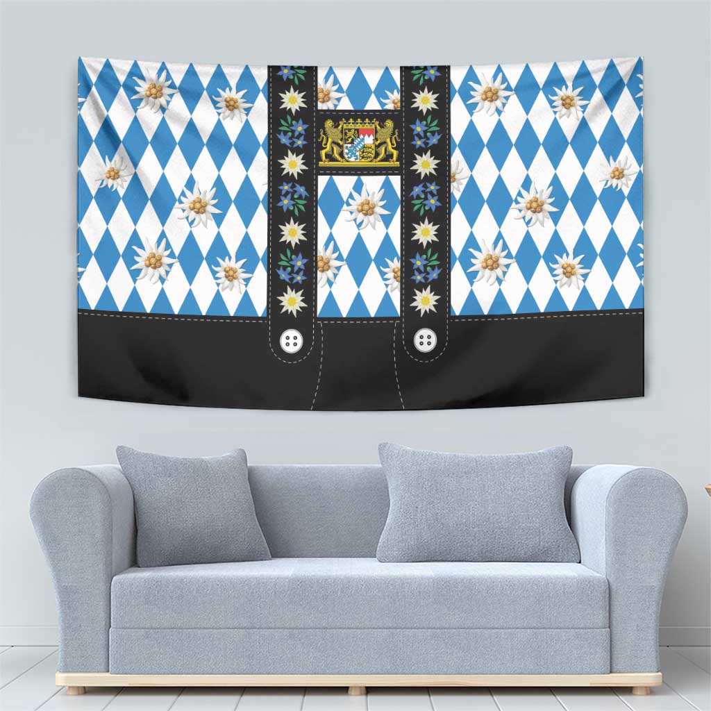 Bavaria Traditional Lederhosen Costume Tapestry Bavaria Emblem - Blue Plaid Pattern with Edelweiss Flowers - Wonder Print Shop
