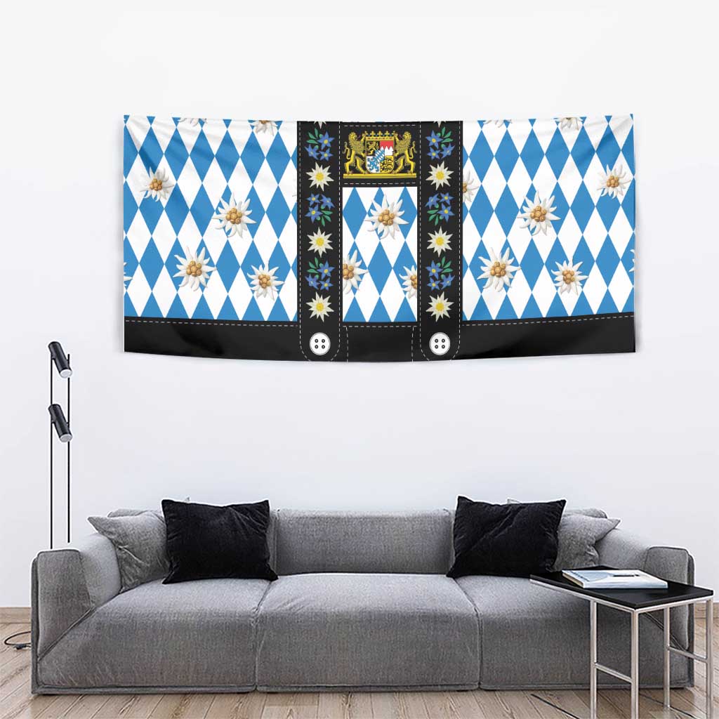 Bavaria Traditional Lederhosen Costume Tapestry Bavaria Emblem - Blue Plaid Pattern with Edelweiss Flowers - Wonder Print Shop