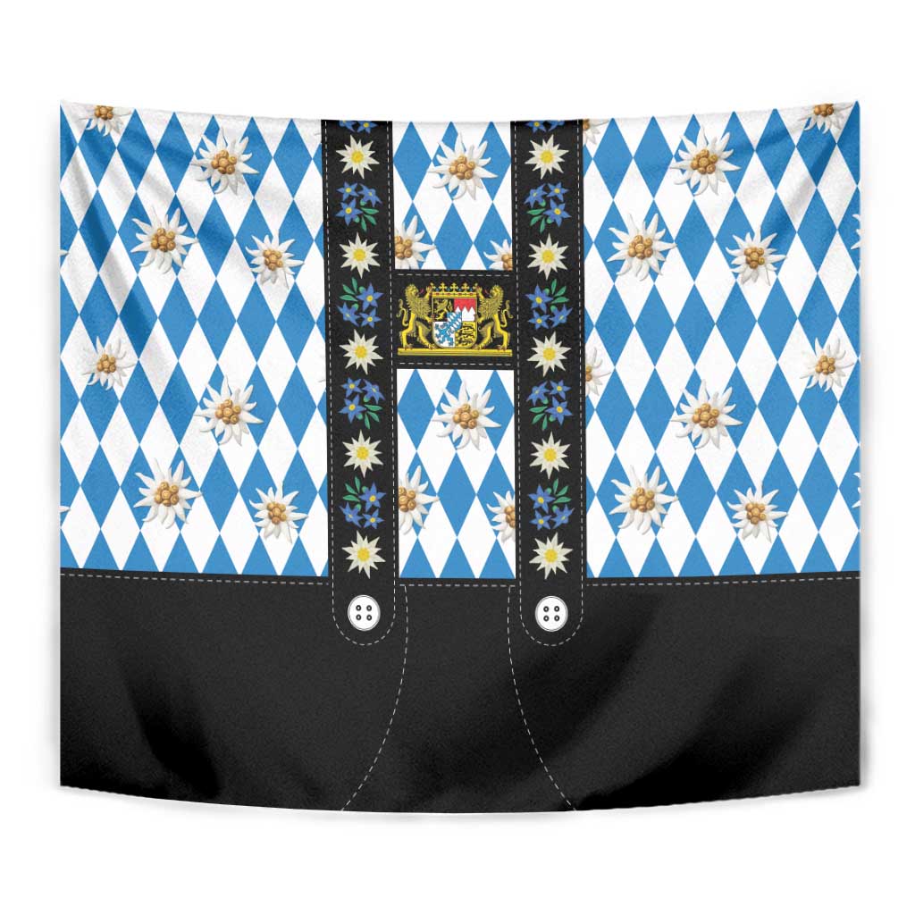 Bavaria Traditional Lederhosen Costume Tapestry Bavaria Emblem - Blue Plaid Pattern with Edelweiss Flowers - Wonder Print Shop