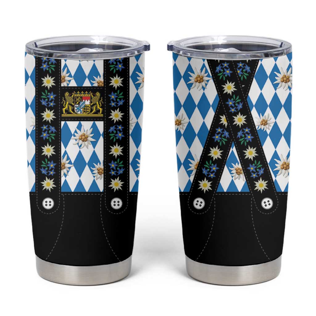 Traditional Bavarian Costume - Lederhosen Tumbler Cup Bavaria Emblem - Blue Plaid Pattern with Edelweiss Flowers - Wonder Print Shop