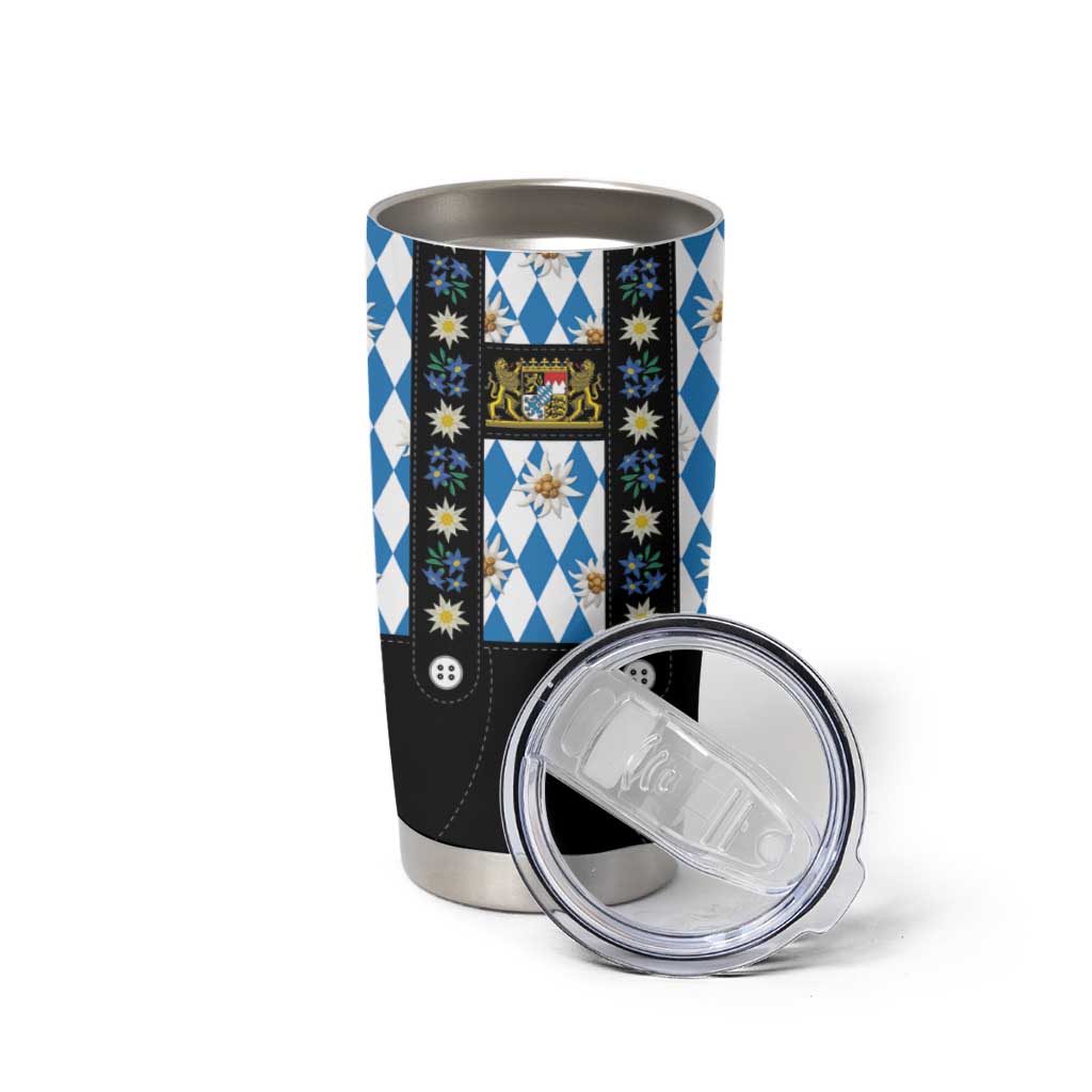 Traditional Bavarian Costume - Lederhosen Tumbler Cup Bavaria Emblem - Blue Plaid Pattern with Edelweiss Flowers - Wonder Print Shop