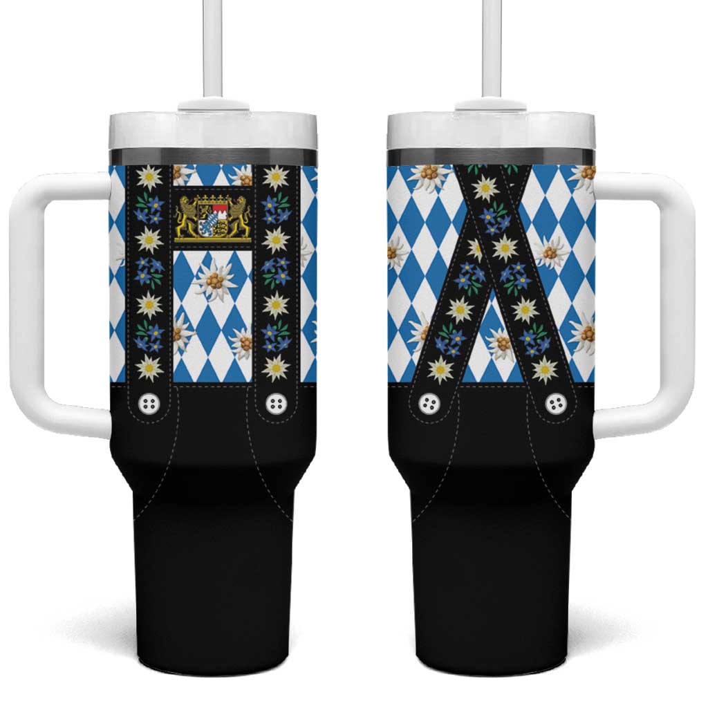 Traditional Bavarian Costume - Lederhosen Tumbler With Handle Bavaria Emblem - Blue Plaid Pattern with Edelweiss Flowers - Wonder Print Shop
