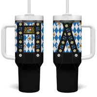 Traditional Bavarian Costume - Lederhosen Tumbler With Handle Bavaria Emblem - Blue Plaid Pattern with Edelweiss Flowers - Wonder Print Shop