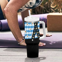 Traditional Bavarian Costume - Lederhosen Tumbler With Handle Bavaria Emblem - Blue Plaid Pattern with Edelweiss Flowers - Wonder Print Shop