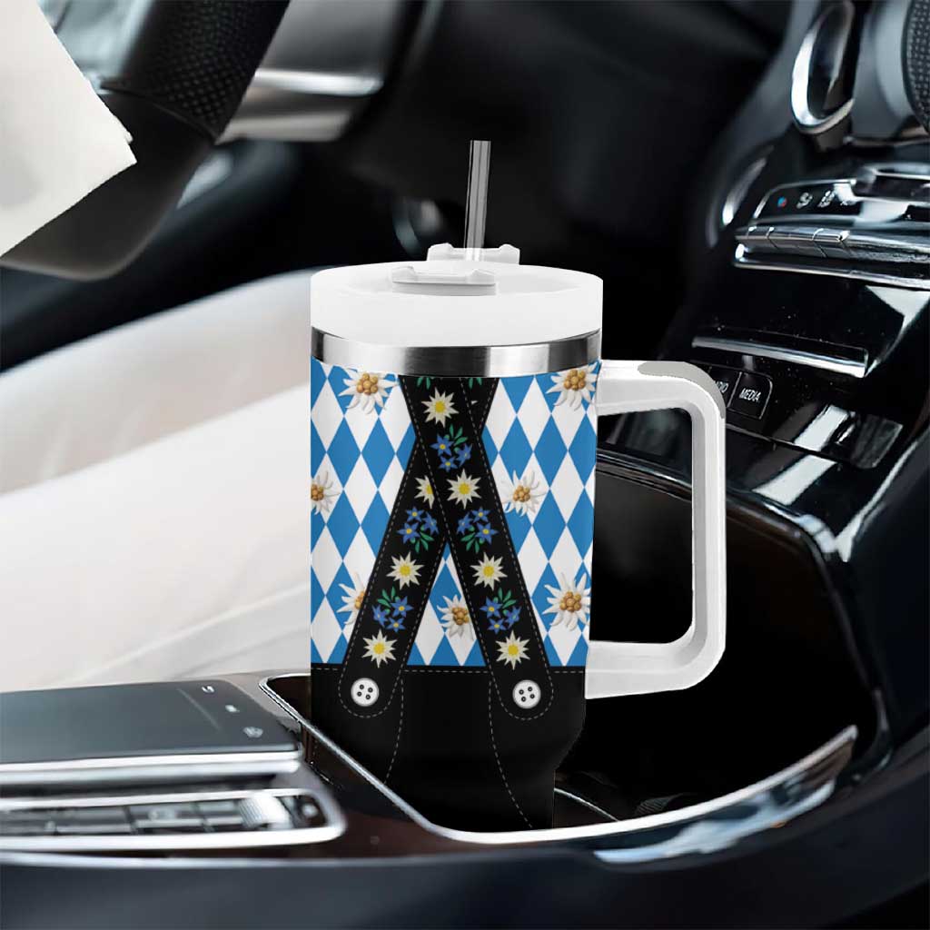 Traditional Bavarian Costume - Lederhosen Tumbler With Handle Bavaria Emblem - Blue Plaid Pattern with Edelweiss Flowers - Wonder Print Shop
