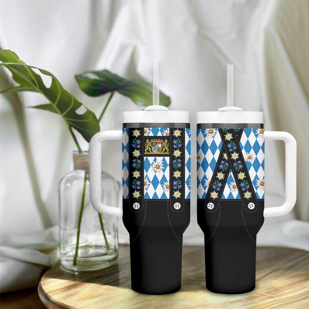 Traditional Bavarian Costume - Lederhosen Tumbler With Handle Bavaria Emblem - Blue Plaid Pattern with Edelweiss Flowers - Wonder Print Shop