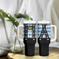 Traditional Bavarian Costume - Lederhosen Tumbler With Handle Bavaria Emblem - Blue Plaid Pattern with Edelweiss Flowers - Wonder Print Shop