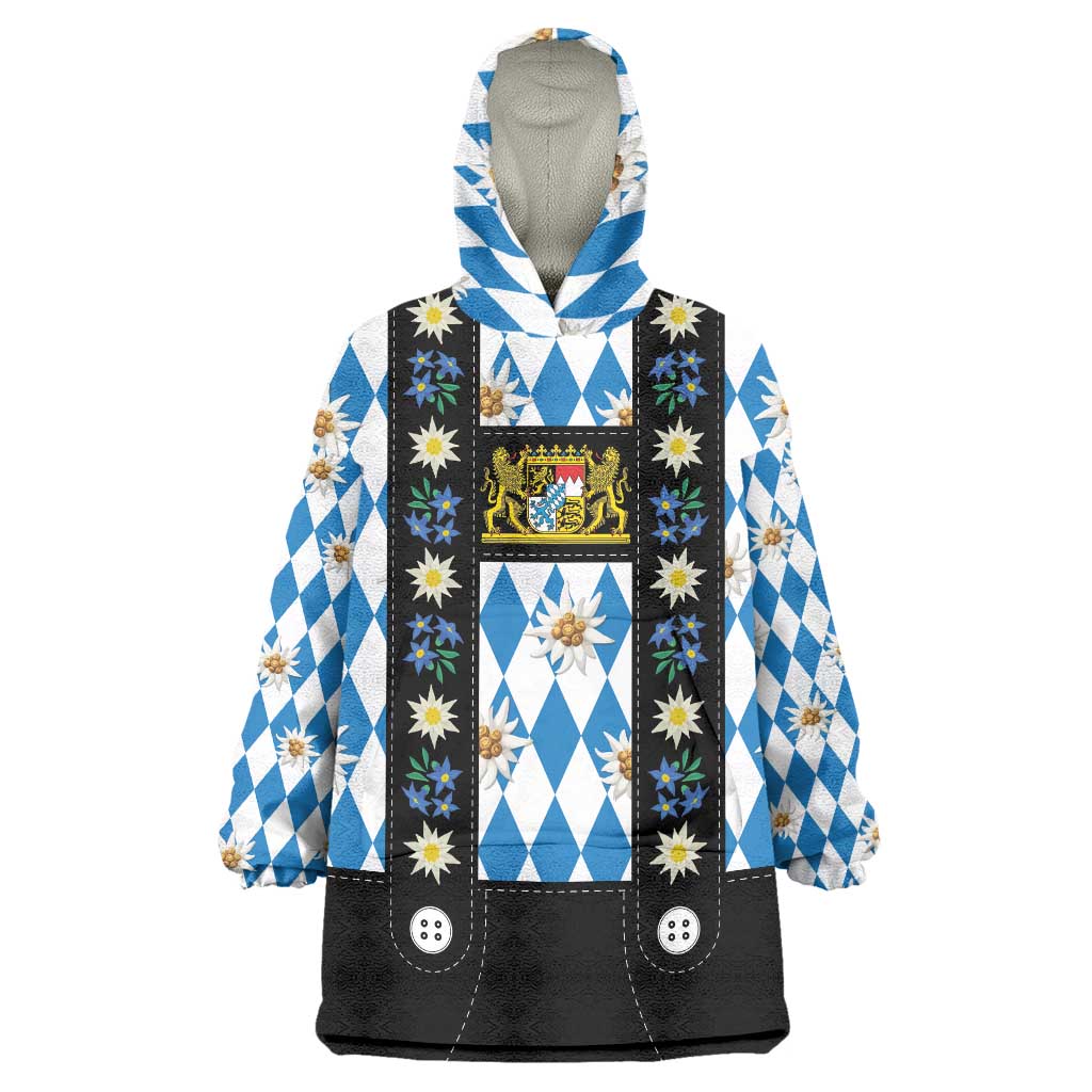 Bavaria Traditional Lederhosen Costume Wearable Blanket Hoodie Bavaria Emblem - Blue Plaid Pattern with Edelweiss Flowers - Wonder Print Shop