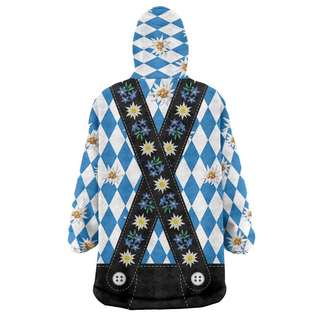 Bavaria Traditional Lederhosen Costume Wearable Blanket Hoodie Bavaria Emblem - Blue Plaid Pattern with Edelweiss Flowers - Wonder Print Shop