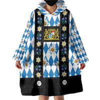 Bavaria Traditional Lederhosen Costume Wearable Blanket Hoodie Bavaria Emblem - Blue Plaid Pattern with Edelweiss Flowers - Wonder Print Shop