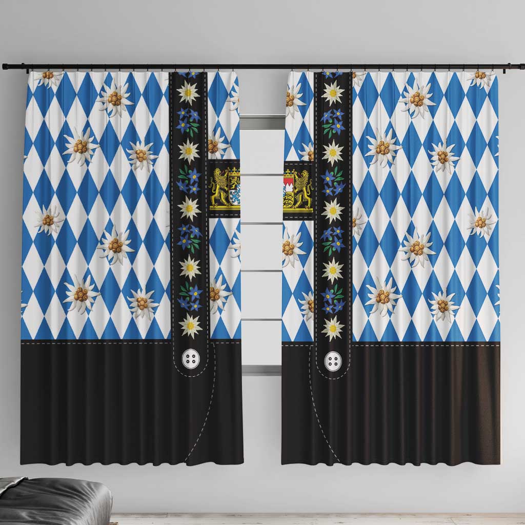 Bavaria Traditional Lederhosen Costume Window Curtain Bavaria Emblem - Blue Plaid Pattern with Edelweiss Flowers - Wonder Print Shop