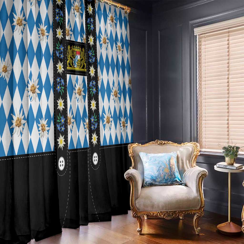 Bavaria Traditional Lederhosen Costume Window Curtain Bavaria Emblem - Blue Plaid Pattern with Edelweiss Flowers - Wonder Print Shop