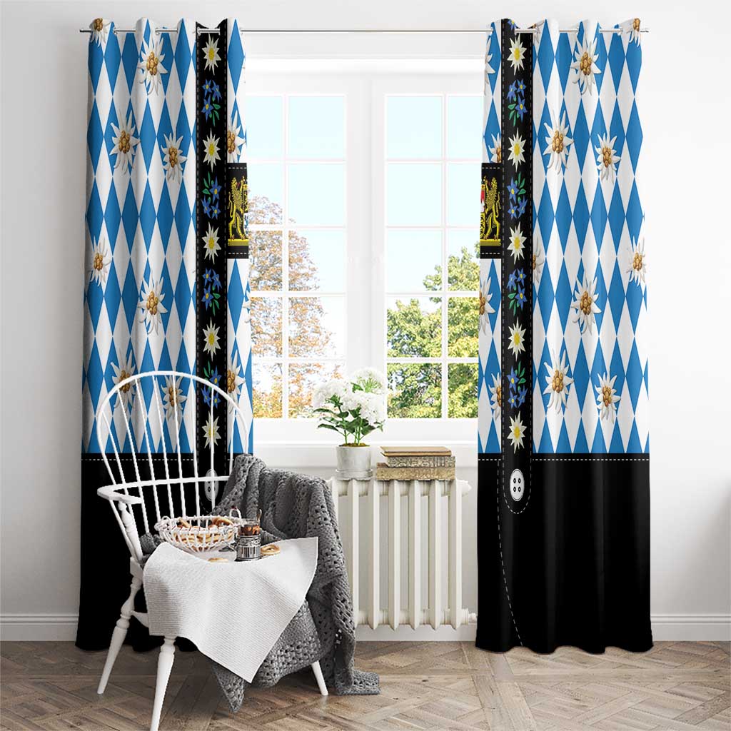 Bavaria Traditional Lederhosen Costume Window Curtain Bavaria Emblem - Blue Plaid Pattern with Edelweiss Flowers - Wonder Print Shop