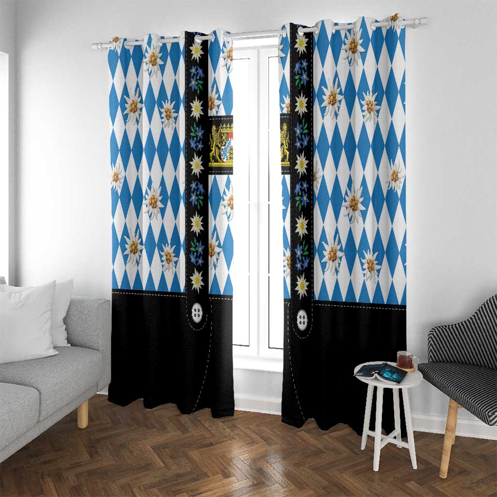 Bavaria Traditional Lederhosen Costume Window Curtain Bavaria Emblem - Blue Plaid Pattern with Edelweiss Flowers - Wonder Print Shop