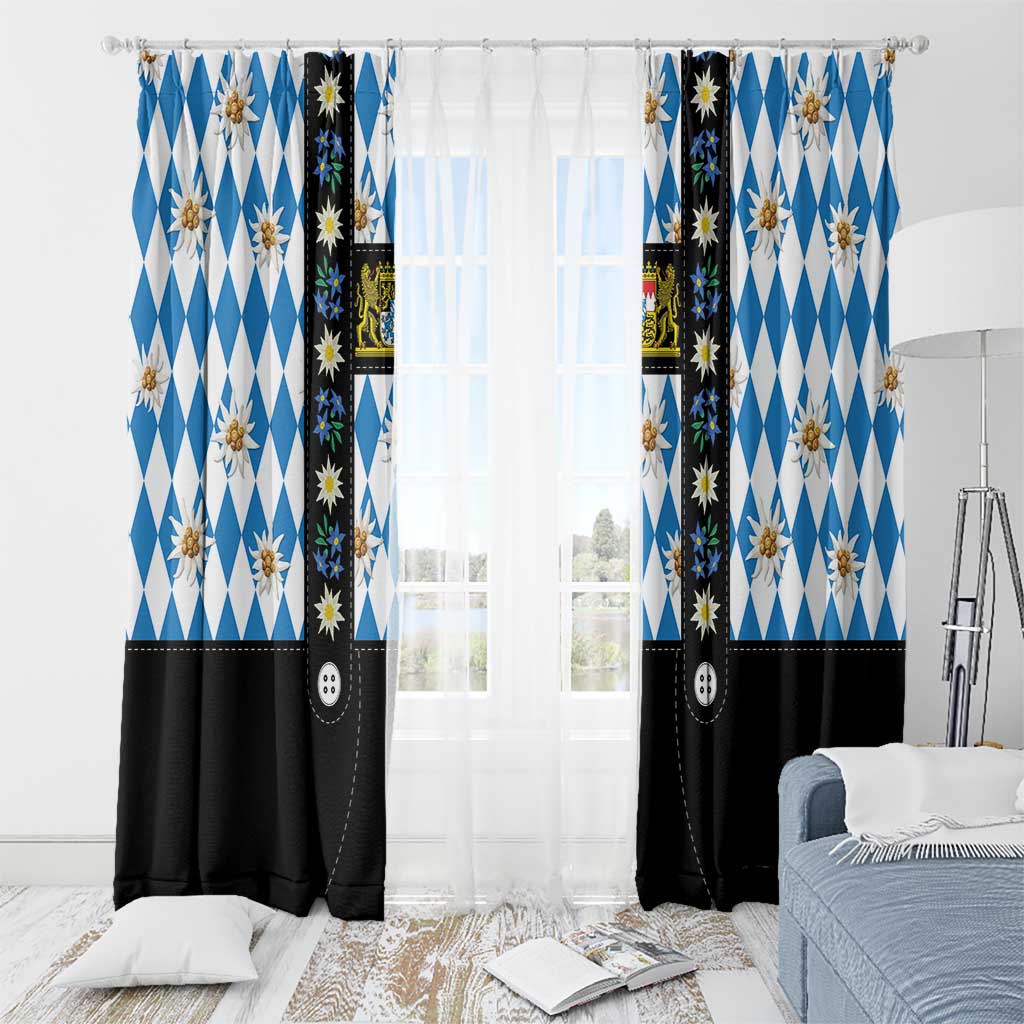 Bavaria Traditional Lederhosen Costume Window Curtain Bavaria Emblem - Blue Plaid Pattern with Edelweiss Flowers - Wonder Print Shop