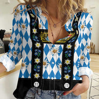 Bavaria Traditional Lederhosen Costume Women Casual Shirt Bavaria Emblem - Blue Plaid Pattern with Edelweiss Flowers - Wonder Print Shop