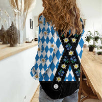 Bavaria Traditional Lederhosen Costume Women Casual Shirt Bavaria Emblem - Blue Plaid Pattern with Edelweiss Flowers - Wonder Print Shop