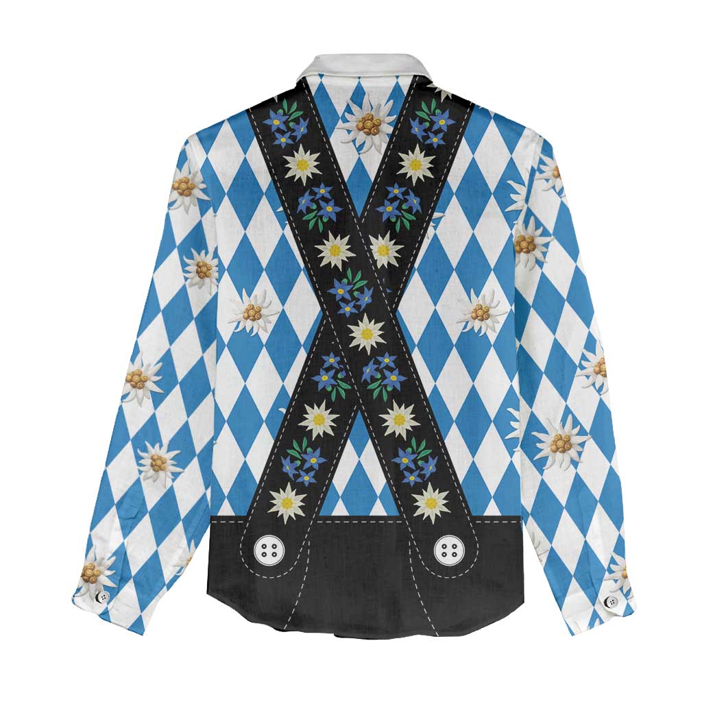 Bavaria Traditional Lederhosen Costume Women Casual Shirt Bavaria Emblem - Blue Plaid Pattern with Edelweiss Flowers - Wonder Print Shop