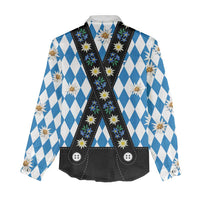 Bavaria Traditional Lederhosen Costume Women Casual Shirt Bavaria Emblem - Blue Plaid Pattern with Edelweiss Flowers - Wonder Print Shop