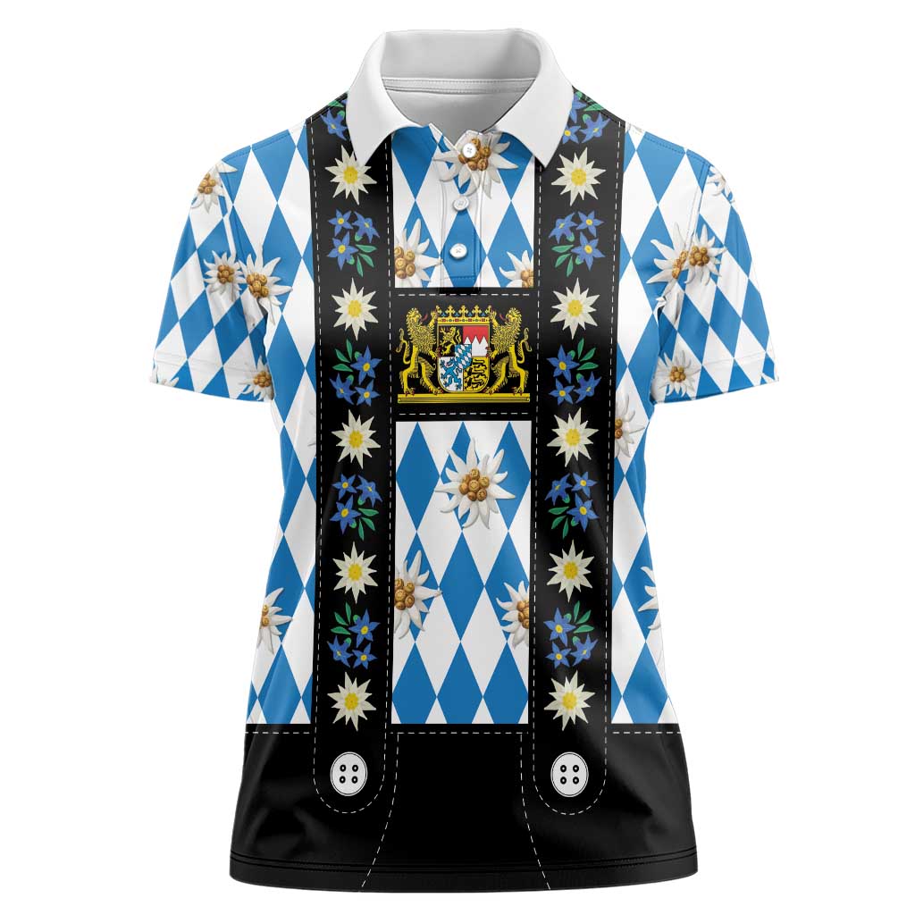Bavaria Traditional Lederhosen Costume Women Polo Shirt Bavaria Emblem - Blue Plaid Pattern with Edelweiss Flowers - Wonder Print Shop