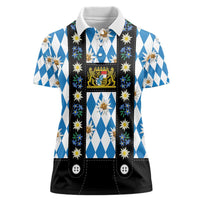 Bavaria Traditional Lederhosen Costume Women Polo Shirt Bavaria Emblem - Blue Plaid Pattern with Edelweiss Flowers - Wonder Print Shop