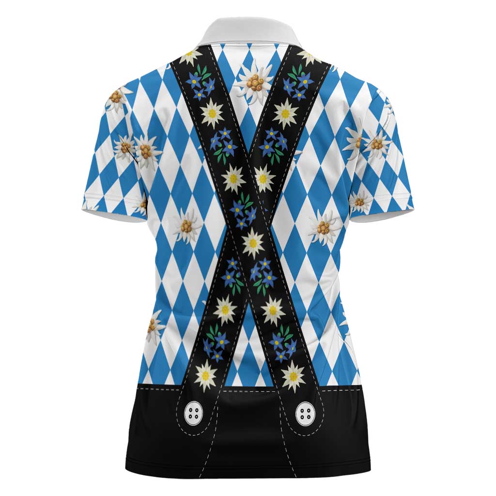 Bavaria Traditional Lederhosen Costume Women Polo Shirt Bavaria Emblem - Blue Plaid Pattern with Edelweiss Flowers - Wonder Print Shop