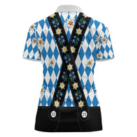 Bavaria Traditional Lederhosen Costume Women Polo Shirt Bavaria Emblem - Blue Plaid Pattern with Edelweiss Flowers - Wonder Print Shop