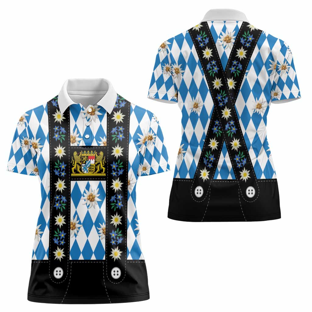 Bavaria Traditional Lederhosen Costume Women Polo Shirt Bavaria Emblem - Blue Plaid Pattern with Edelweiss Flowers - Wonder Print Shop