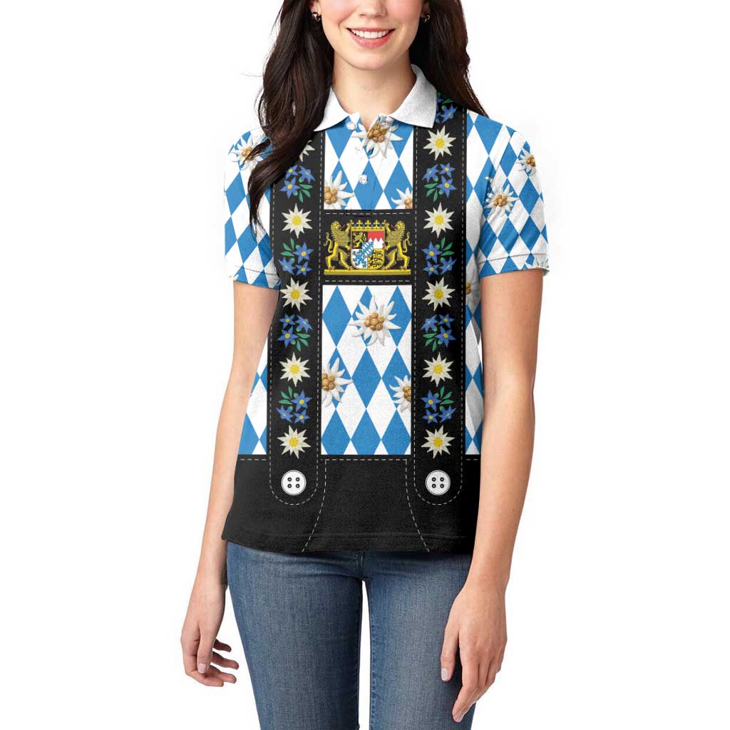 Bavaria Traditional Lederhosen Costume Women Polo Shirt Bavaria Emblem - Blue Plaid Pattern with Edelweiss Flowers - Wonder Print Shop