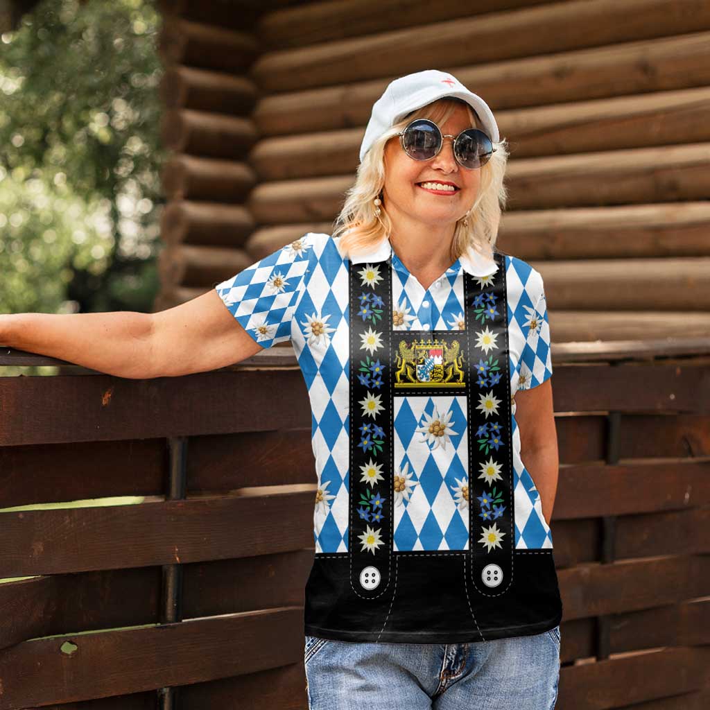 Bavaria Traditional Lederhosen Costume Women Polo Shirt Bavaria Emblem - Blue Plaid Pattern with Edelweiss Flowers - Wonder Print Shop